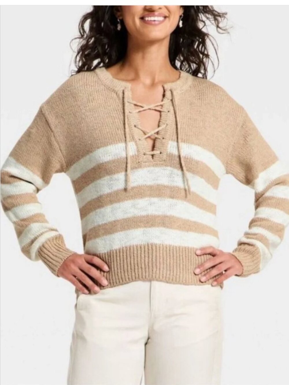 Women's Lace Up Crewneck Pullover Sweater - Universal Thread Oatmeal Striped M